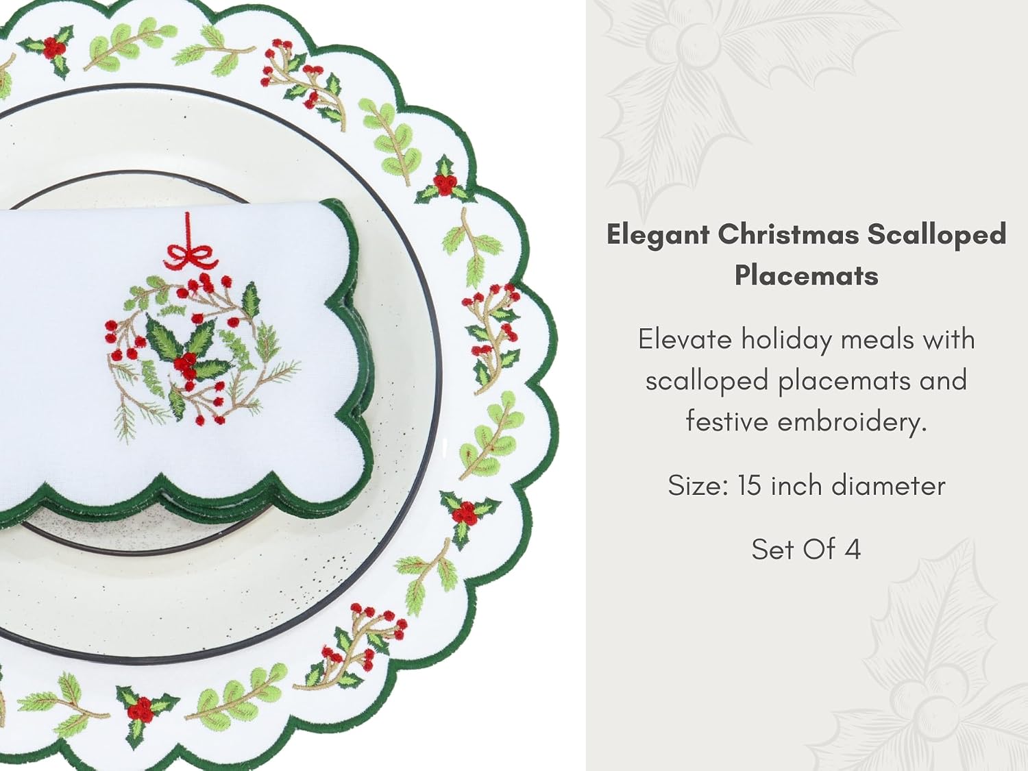 PurpleEssences Scalloped Embroidered Christmas Round Placemats Set of 4, 15 Inch Winter Round Table Mats for Dining Decoration - Red Green Edges Green