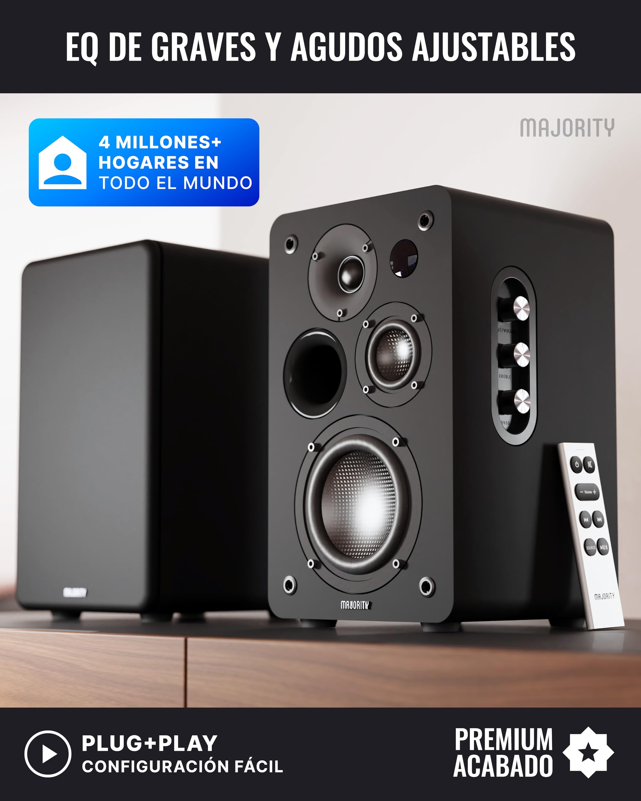 MAJORITY D100X Altavoces Bluetooth Activos | Altavoces HiFi Estéreo 2.0 | 100W | Altavoz para PC, TV, Giradiscos | HDMI ARC, Phono, RCA & AUX (Negro)
