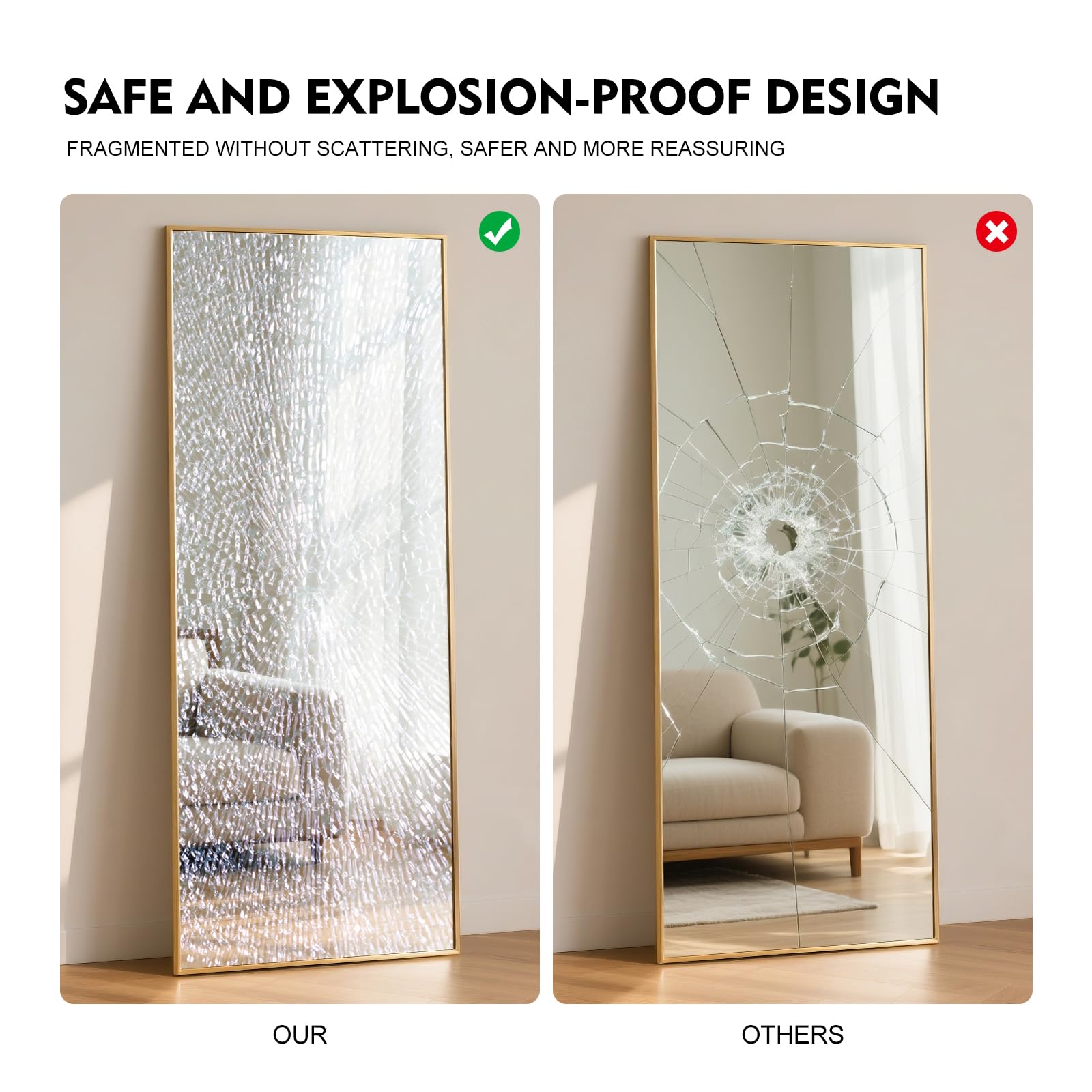 Grand miroir mural 165x60 cm cadre aluminium doré inclinable suspendu sur pied