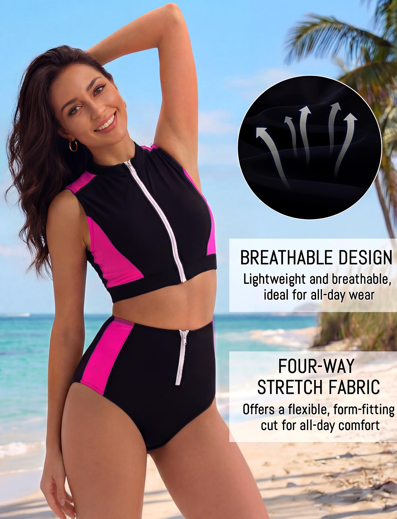 FEOYA Femme Maillots de Bain 2 Pièces Rashguard avec Fermeture Éclair Combinaison de Surf
