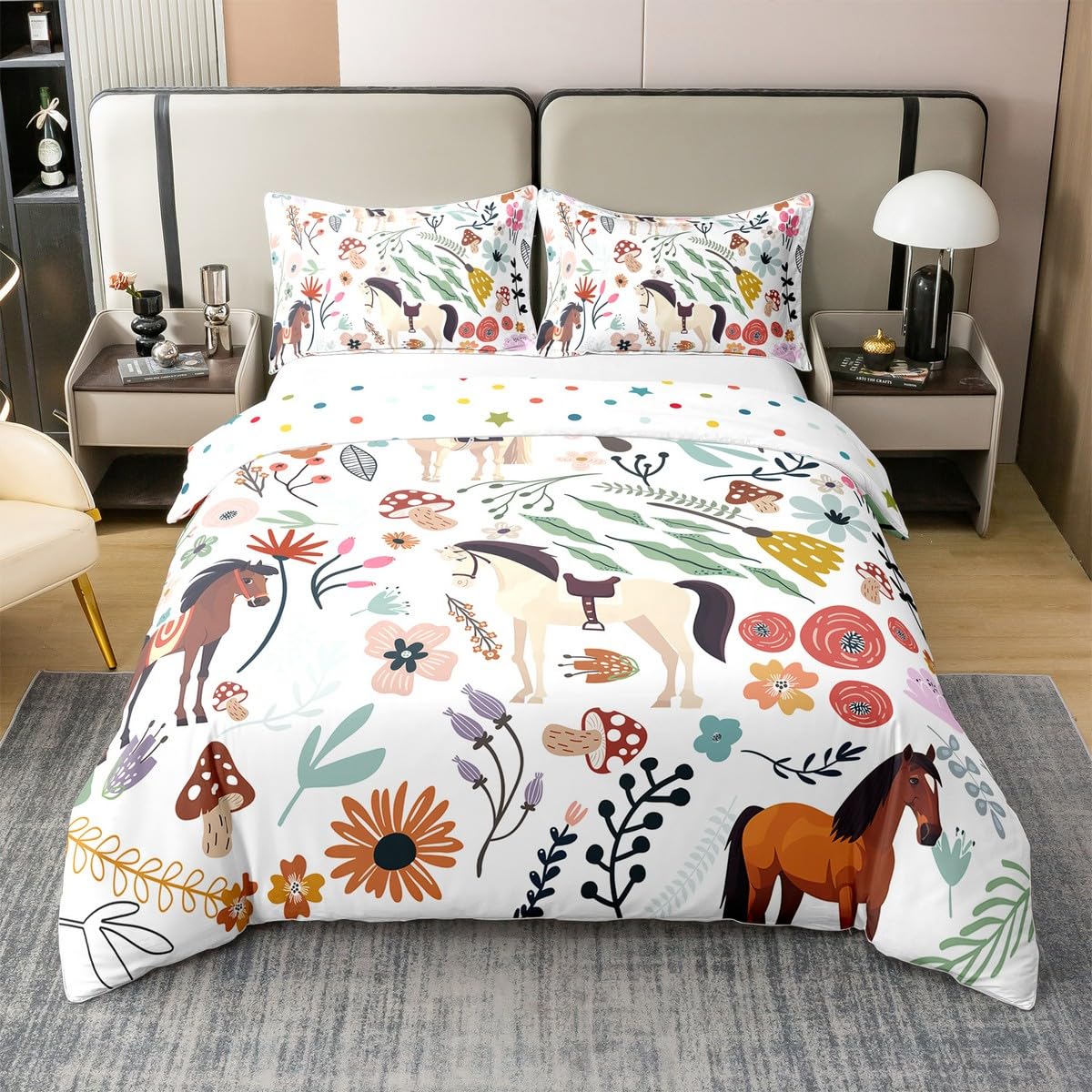Caballo 100% algodón para hombre y mujer, funda nórdica, cómoda para mujer, color blanco, marrón, caballo, ropa de cama, diseño de flores coloridas, setas, 240 x 260 transpirable