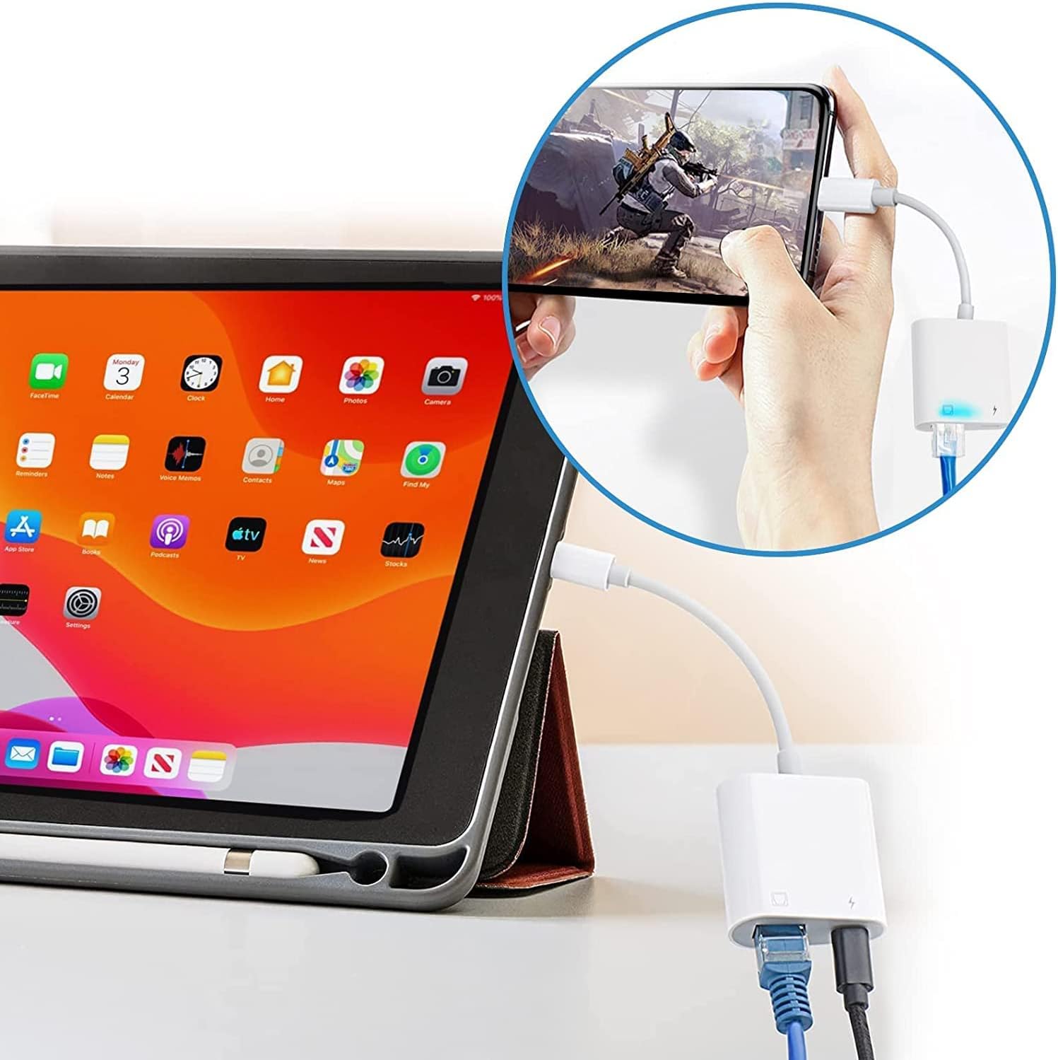 Apple MFi Certified Lightning to Ethernet Adapter, 2 in 1 Rj45 Ethernet LAN Network Adapter, iPhone/iPad/iPod Compatible, Supports 100Mbps, Plug and Play