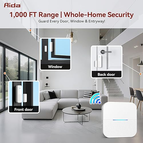 Miniatura 7 de AIDA Alarmas de puerta cuando se abre alarma inalámbrica con sensor de timbre para negocioshogarniños, rango de 600 pies, 58 tonos de llamada, 5