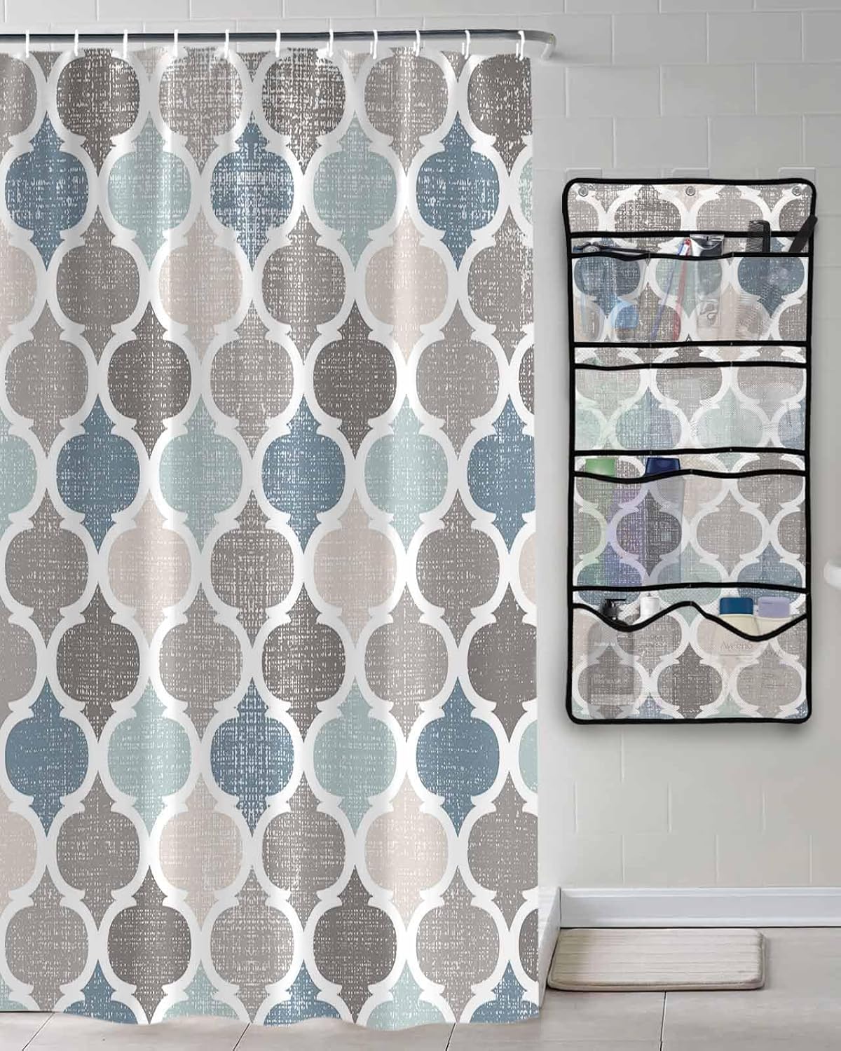 Shower Curtain Mesh Shower Organizer Hanging Set Blue Grey Morocco Geometric Plaid Waterproof Shower Curtains with 10 Pockets