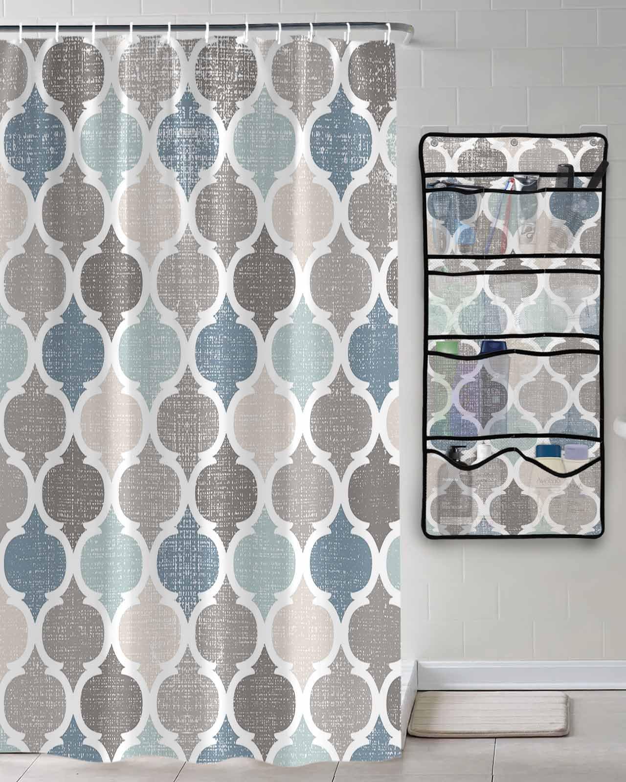 Shower Curtain Mesh Shower Organizer Hanging Set Blue Grey Morocco Geometric Plaid Waterproof Shower Curtains with 10 Pockets