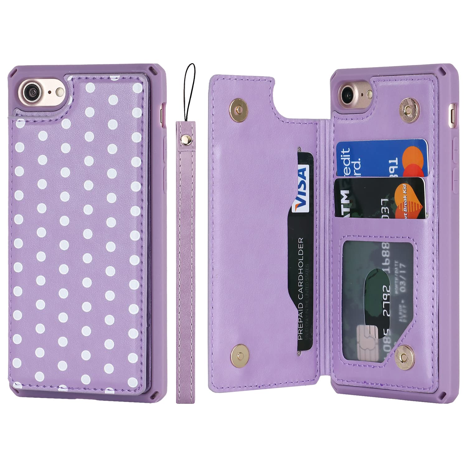 Coque portefeuille iPhone SE 2022 violette à pois avec béquille vidéo - 8