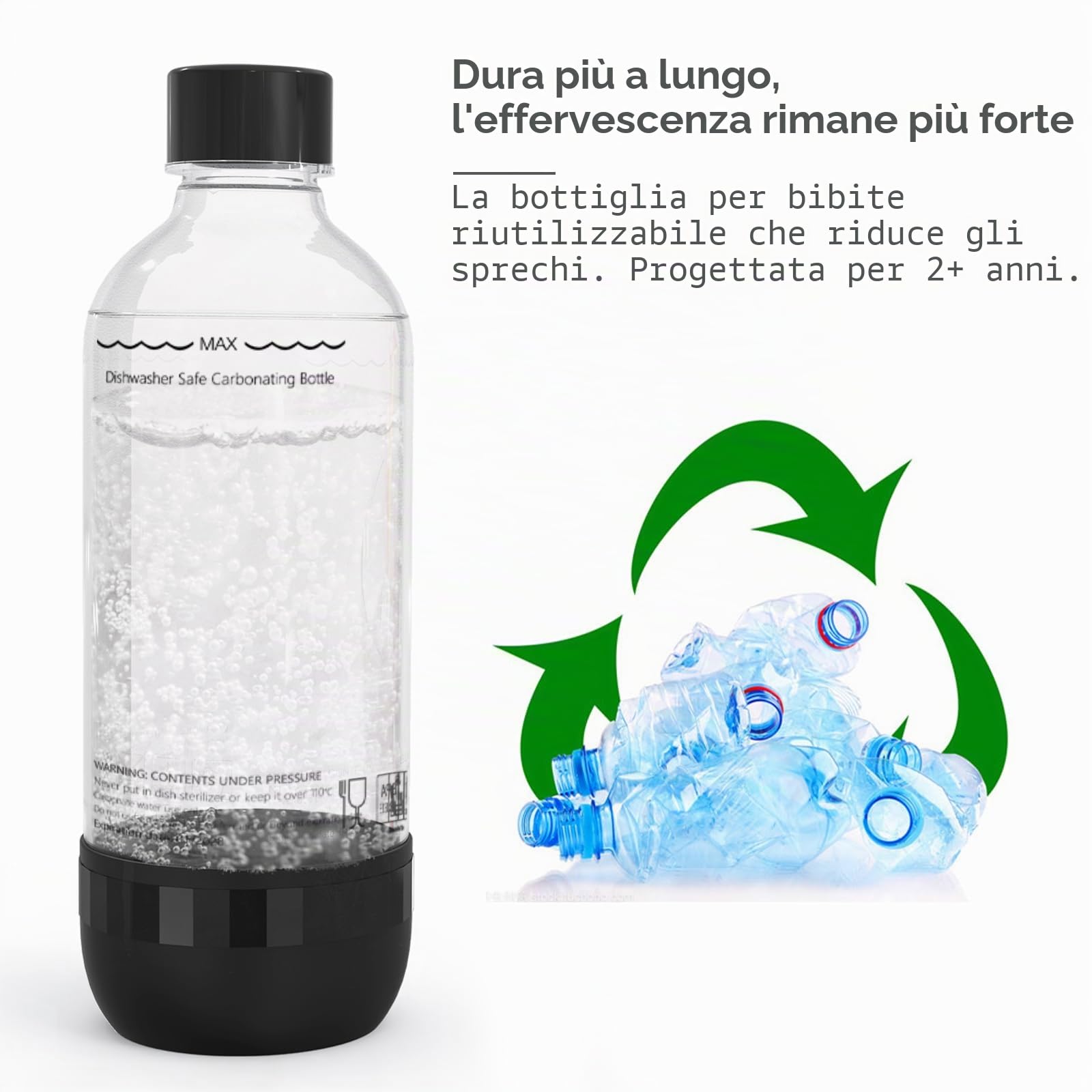 Bottiglie per Soda 1L, Confezione da 2, Senza BPA, PET, Riutilizzabili, 2x Nere, Compatibili con Macchine per Soda e Acqua Frizzante