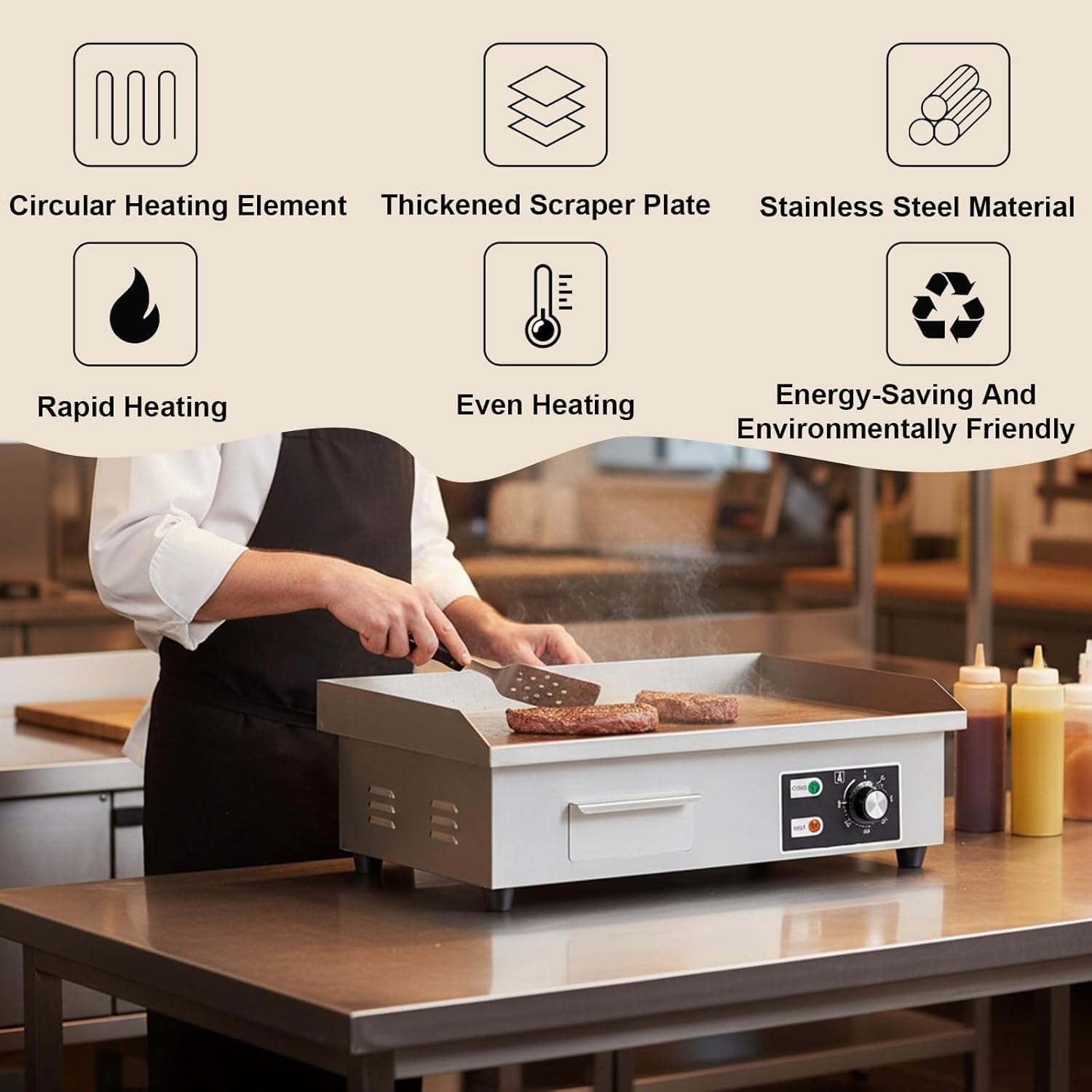 Commercial Electric Griddle, 000w Nonstick Stainless Steel Grill, 8mm Thick Iron Plate Countertop Cooking Surface, Ideal for Camping & Commercial Use, 66x47x22cm Multicolor 54 * 40 * 21CM