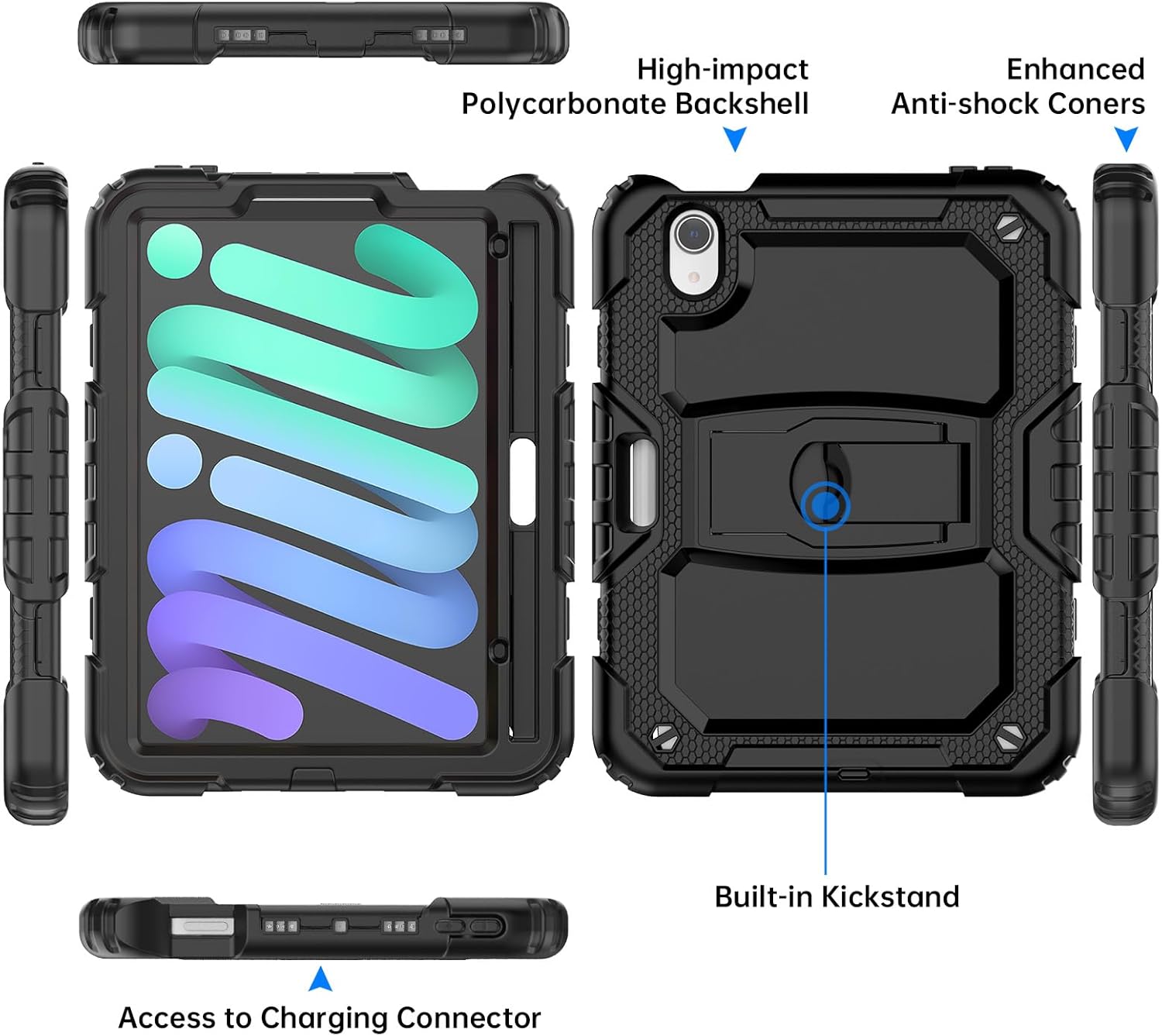 Timecity Case for iPad mini 7/6-8.3 inch, for iPad mini 7th/6th Generation Case: Full-Body Shockproof Protective with Built-in Screen Protector, Foldable Kickstand, Pencil Holder- Black