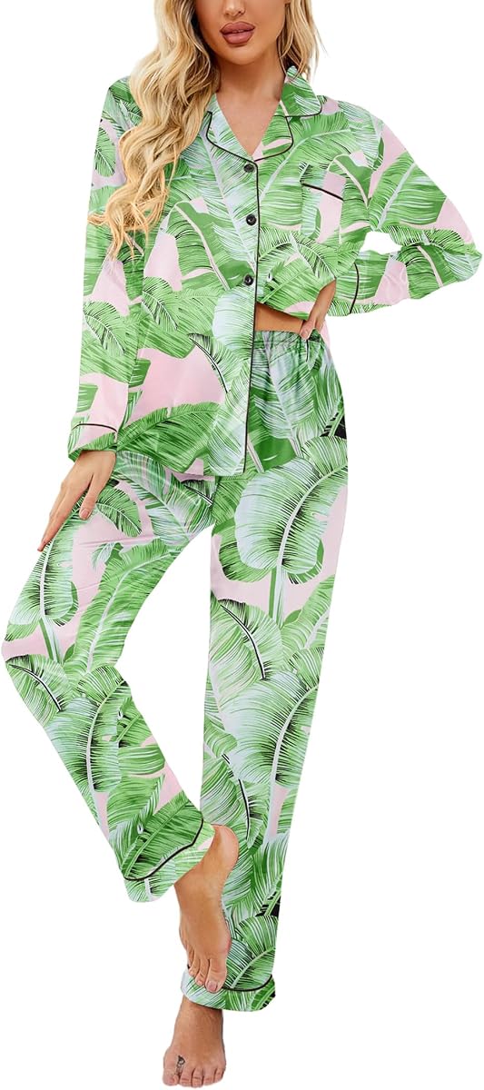 Ekouaer Womens Satin Silky Pajama Set Classic Pattern Button Down Pjs Set | Soft Fabric, Long Sleeve Notch Collar with Contrast Piping, Chest Pocket, Gifting Sleepwear