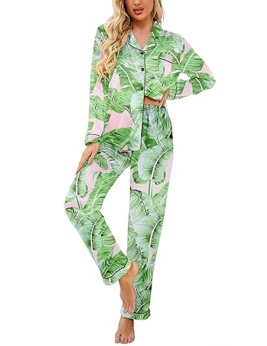 Womens Satin Pajama Set Classic Pattern Silky Pj Sets Button