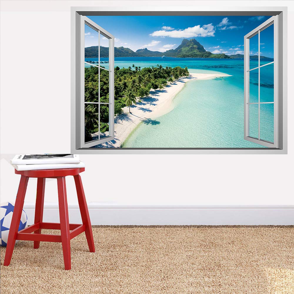 Lichi Pegatina de Pared 3D de Ventana Falsa de Escena de Playa en Isla, Vinilo Decorativo para Decoración del Hogar