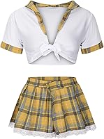 Vista 5 de Borniu Lencería para mujer, juego de rol, lencería sexy para estudiantes, disfraz de estudiante transparente con lazo frontal y falda a cuadros