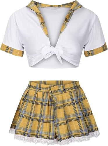 Miniatura 5 de Borniu Lencería para mujer, juego de rol, lencería sexy para estudiantes, disfraz de estudiante transparente con lazo frontal y falda a cuadros