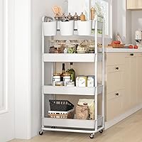 Vista 6 de JIUYOTREE 4-Tier Plastic Rolling Storage Cart Utility Cart with Extra Hanging Cups Handles Lockable Wheels for Living Room Bathroom Kitchen Office