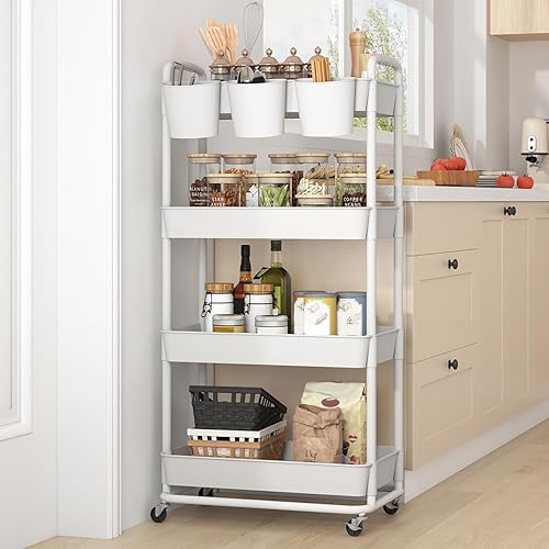 Miniatura 6 de JIUYOTREE Carrito de almacenamiento de plástico de 4 niveles con asas de tazas colgantes adicionales, ruedas bloqueables para sala de estar, baño,
