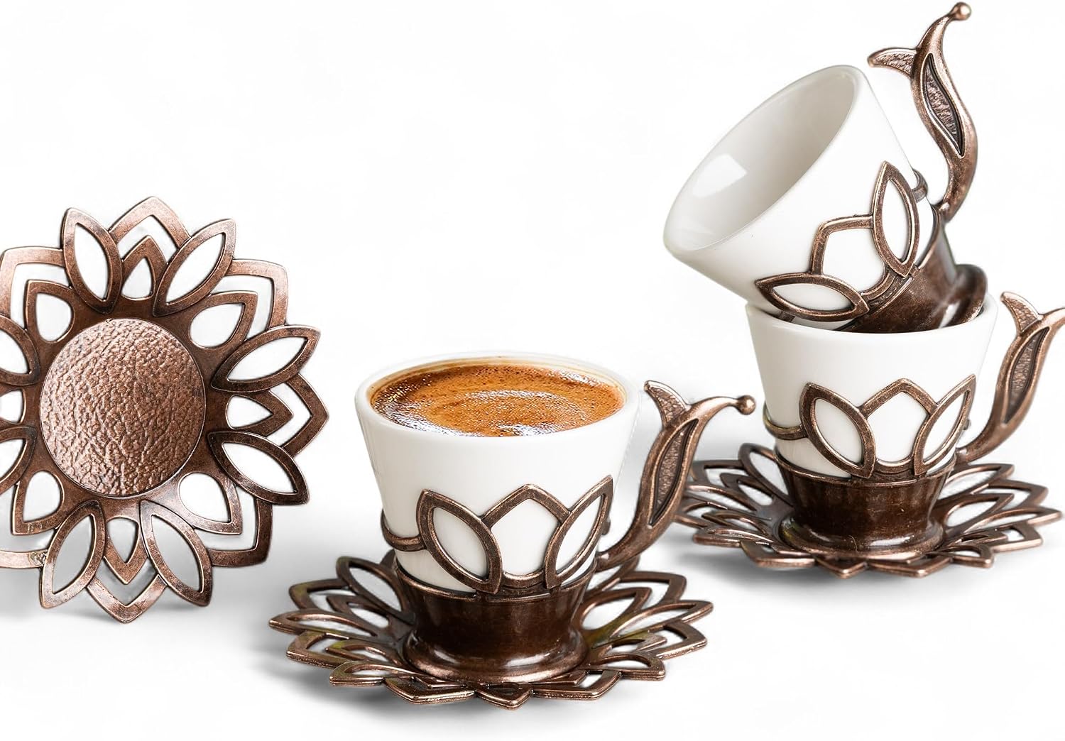 Alisveristime (Set of 6) Turkish Coffee Set with Porcelain Cups, Zamac Holders & Saucers – 80ml Capacity, Ottoman Motif, 4 Color Options (Brown)
