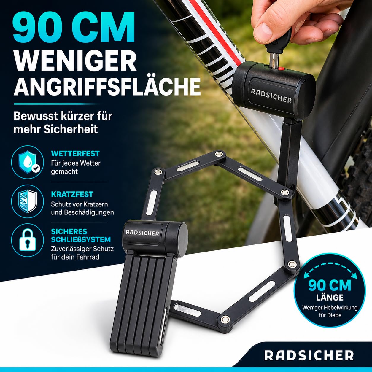 RADSICHER Antivol pliable - Antivol de vélo robuste en acier - Avec support et 2 clés - Antivol pliable sécurisé pour vélo électrique, VTT et vélo de ville