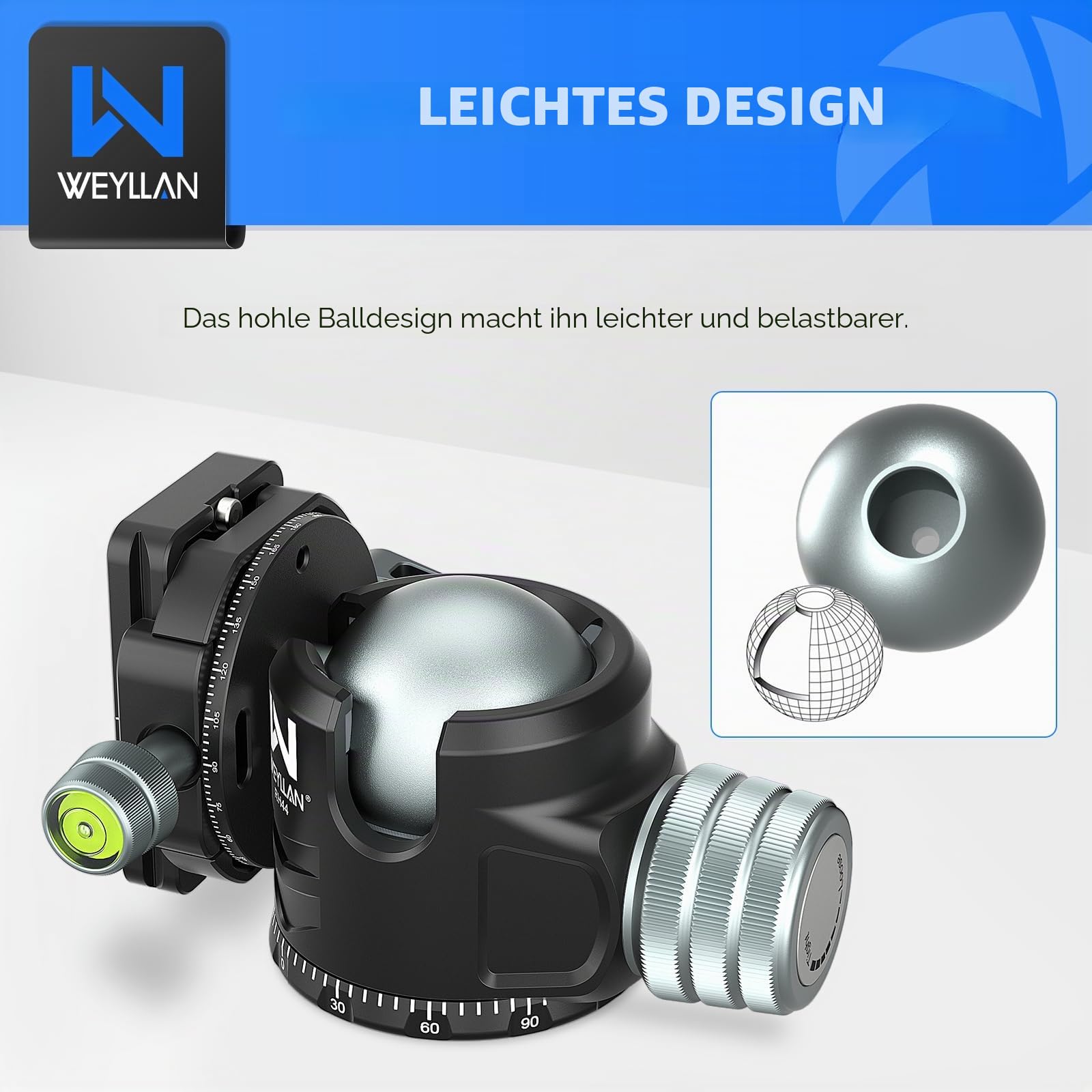 WEYLLAN Doppelter Panorama Low Profile Kugelkopf für 360 °drehbar,Stativkopf mit Schnellwechselplatte 1/4 Arca Swiss QR-Platte, Portable für Einbeinstativ, Camcorder, max. Belastung 25kg.