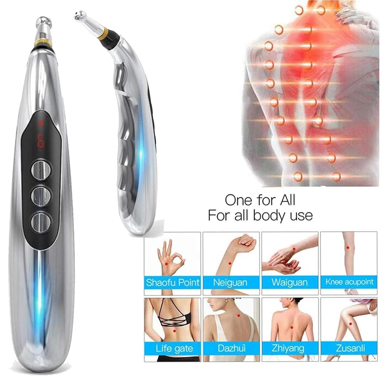 Bolígrafo de acupuntura, dispositivo de acupresión recargable por USB con 3 cabezales de masaje y 9 niveles, herramienta de masaje de energía meridiana para oficina y ocio
