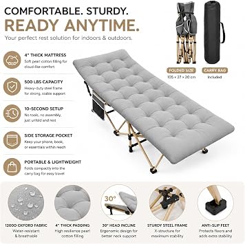 Camp Bed for Adults with Mattress, Oversized 190 * 71CM Folding Bed with Carry Bag, 1200D Oxford Portable Fold Up Bed Cots 30°Tilt for Head, Supports 600 lbs