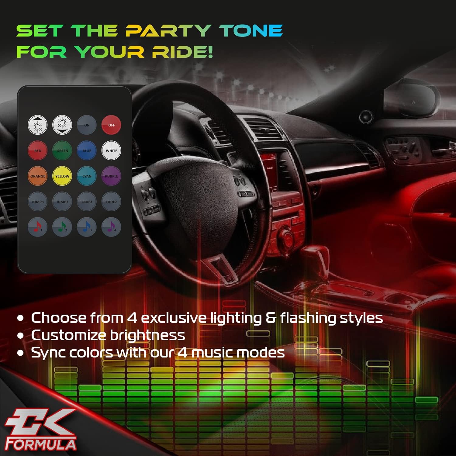 CK Formula Interior LED Car Lights, 8 RGB Colors, Wireless Remote Control, Under Dash Lighting for Car Interior, Music Sync, IP68 Waterproof Rated, 12V DC Charger, 4 Strips : Automotive
