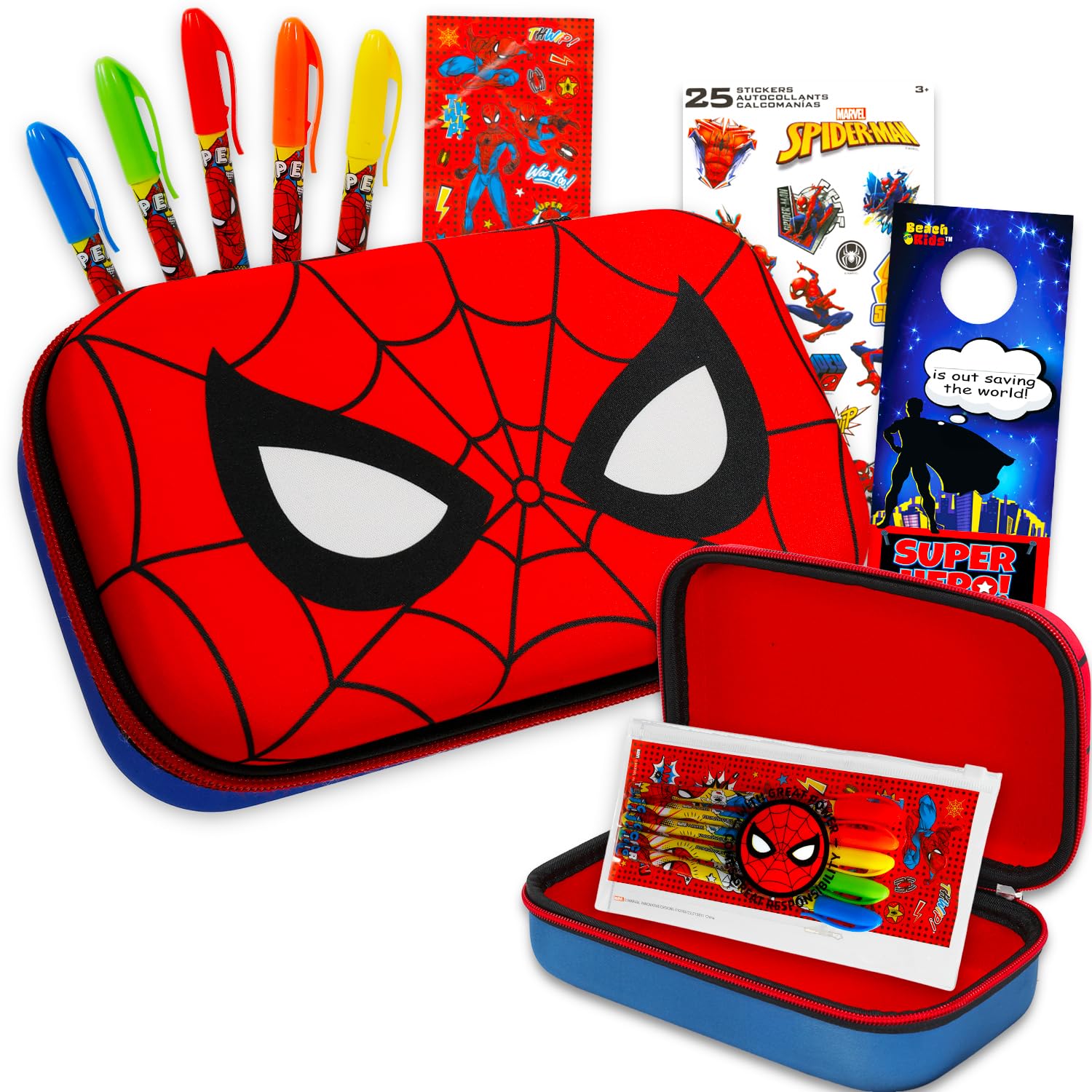 Spiderman – Ensemble de fournitures scolaires Marvel avec trousse à crayons, marque-page, autocollants, plus | Ensemble de papeterie Spiderman pour enfants, garçons, tout-petits