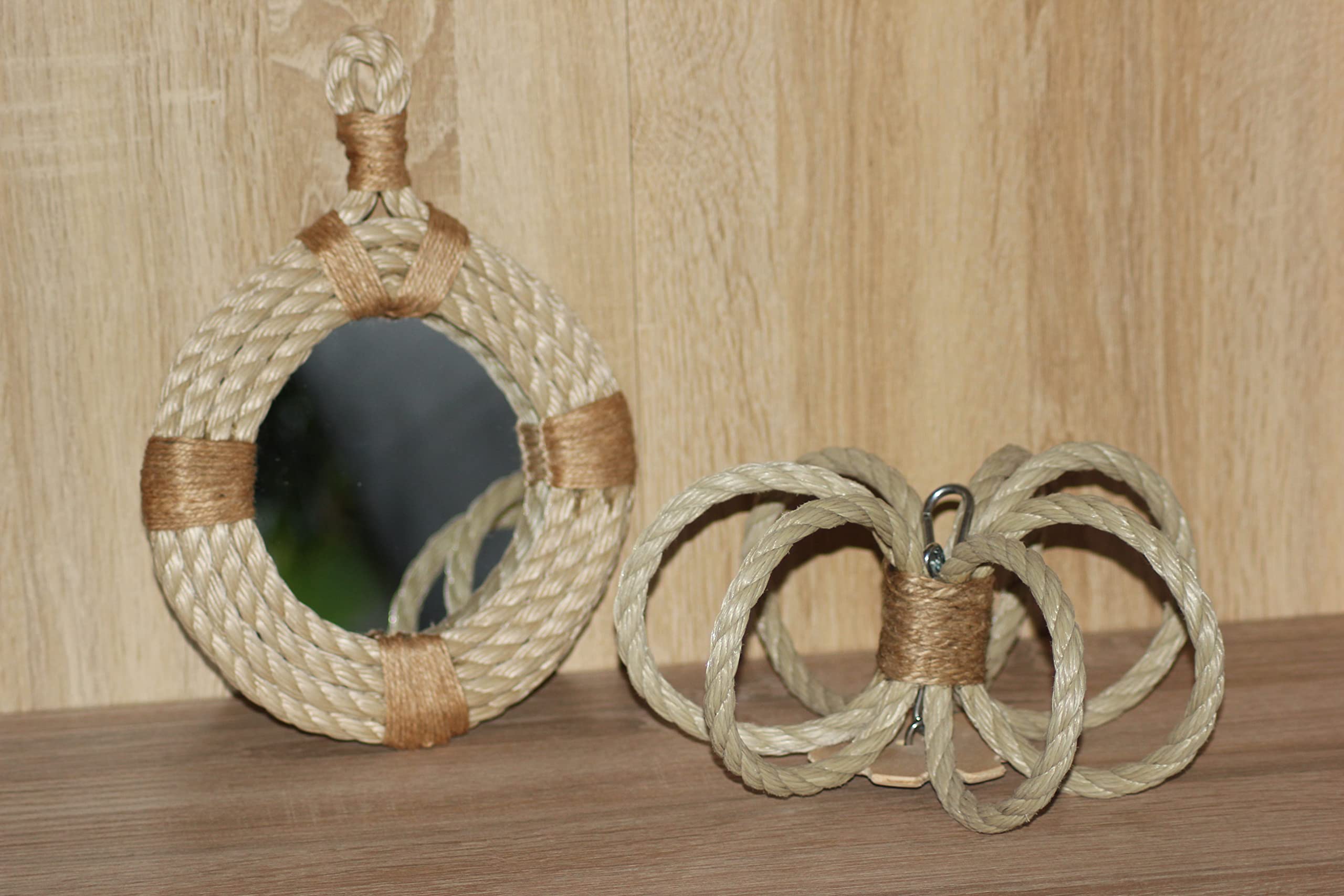 Uccello Gioco Set Cordoncino Rotondo Specchio Uccello Arrampicata Corona Legno Iuta Natura Pappagallo Caique Soffitto Voliera Muro Giocattolo Grande