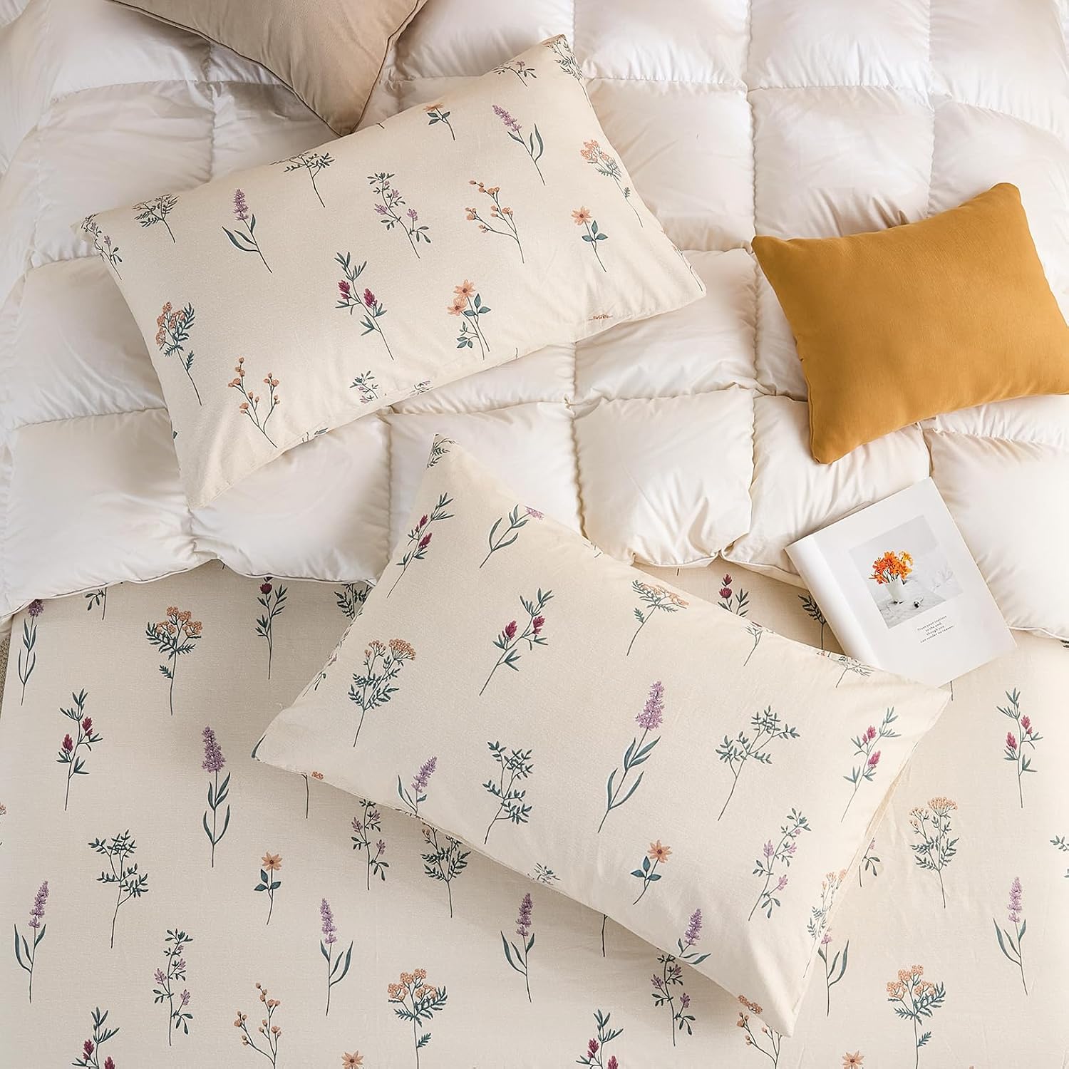 King Size Pillowcases Set of 2, 100% Cotton Pillow Cases, Cream Floral Cute Pillow Cover, Ultra Soft Breathable Envelope Closure Pillow Case Set (King, 20"x36")