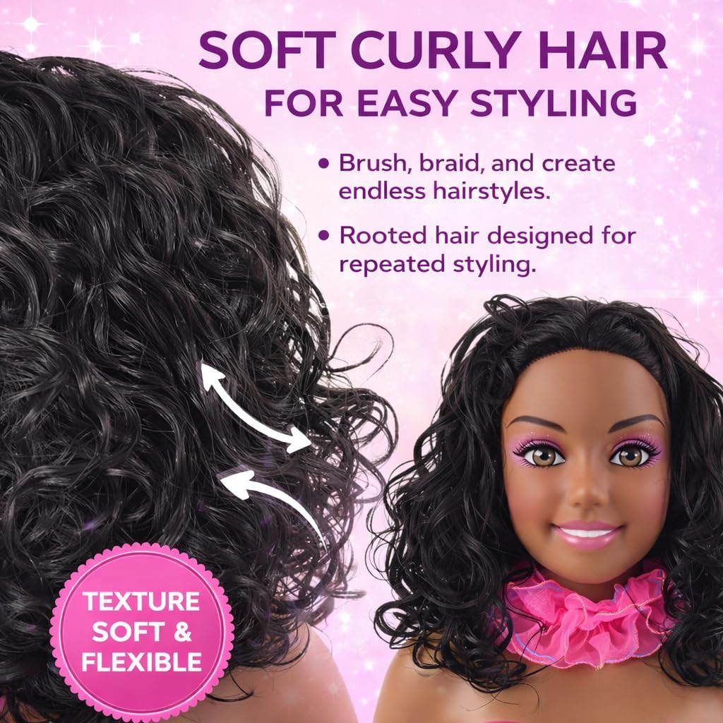 Liberty Imports African American Black Makeup and Hair Styling Doll Head Toy Playset with Real Washable Cosmetic and Fashion Dress Up Accessories for Girls Pretend Play
