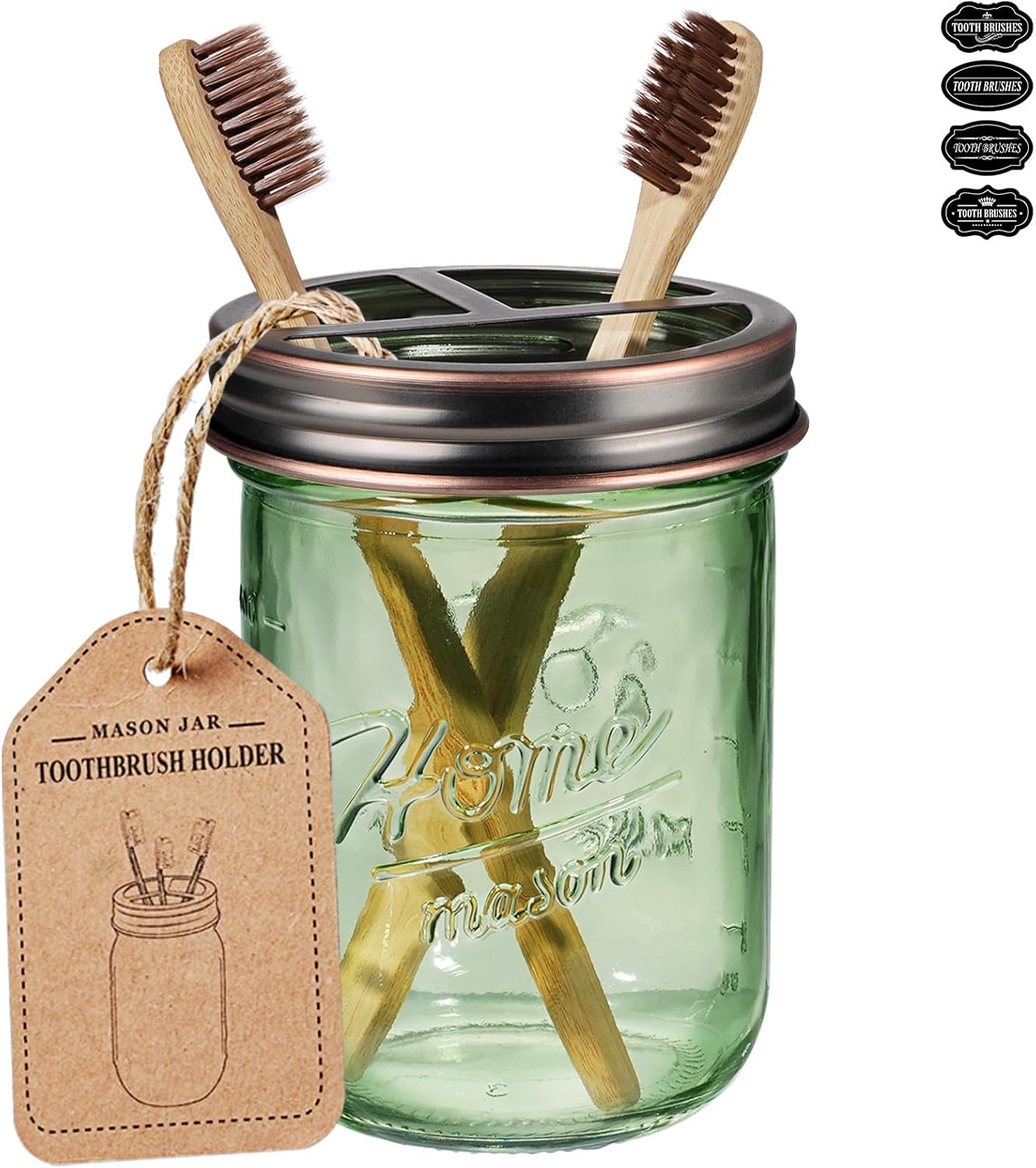 SheeChung Mason Jar Toothbrush Holder, Green Glass Toothbrush Holder, Bathroom Countertop Organizer, Stainless Steel Lid, Toothbrush Toothpaste Holder Storage, Oil Rubbed Bronze Bathroom Accessories