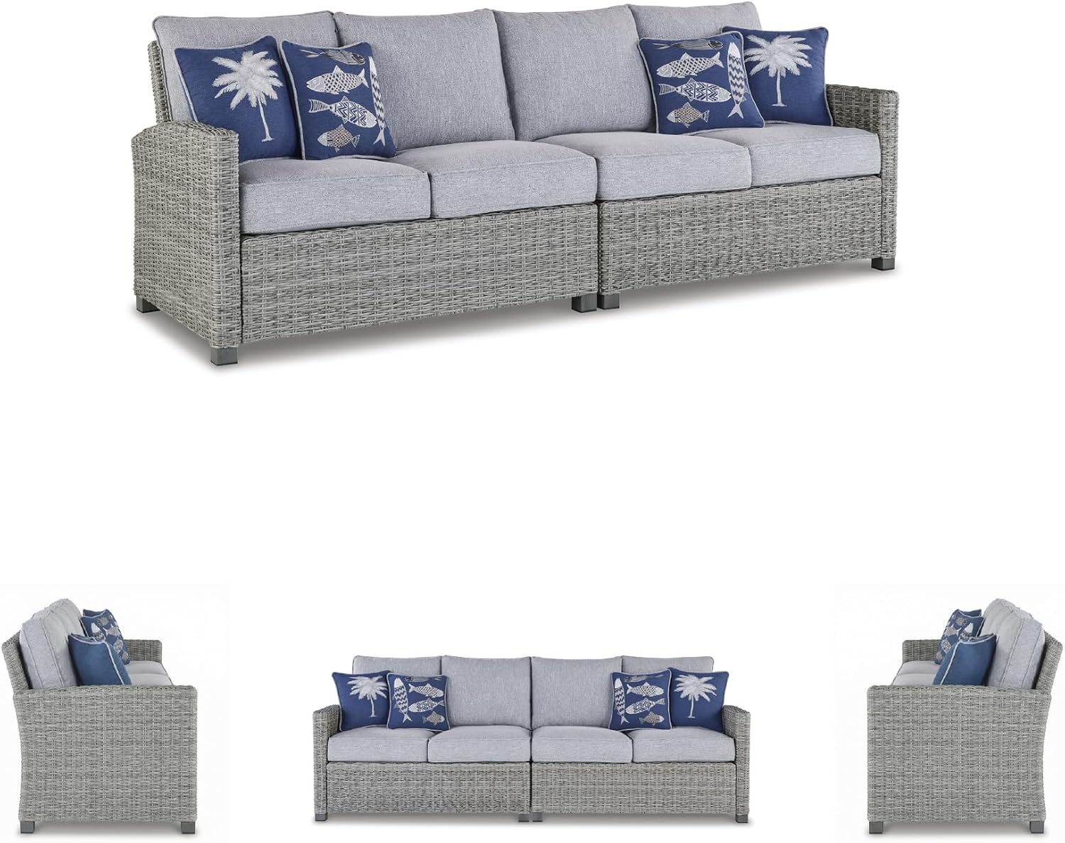 Signature Design by Ashley Naples Beach Casual Outdoor Right and Left-arm Facing Loveseat with Cushion and 4 Throw Pillows, Set of 2, Nuvella Weather Resistant Fabric, Light Gray