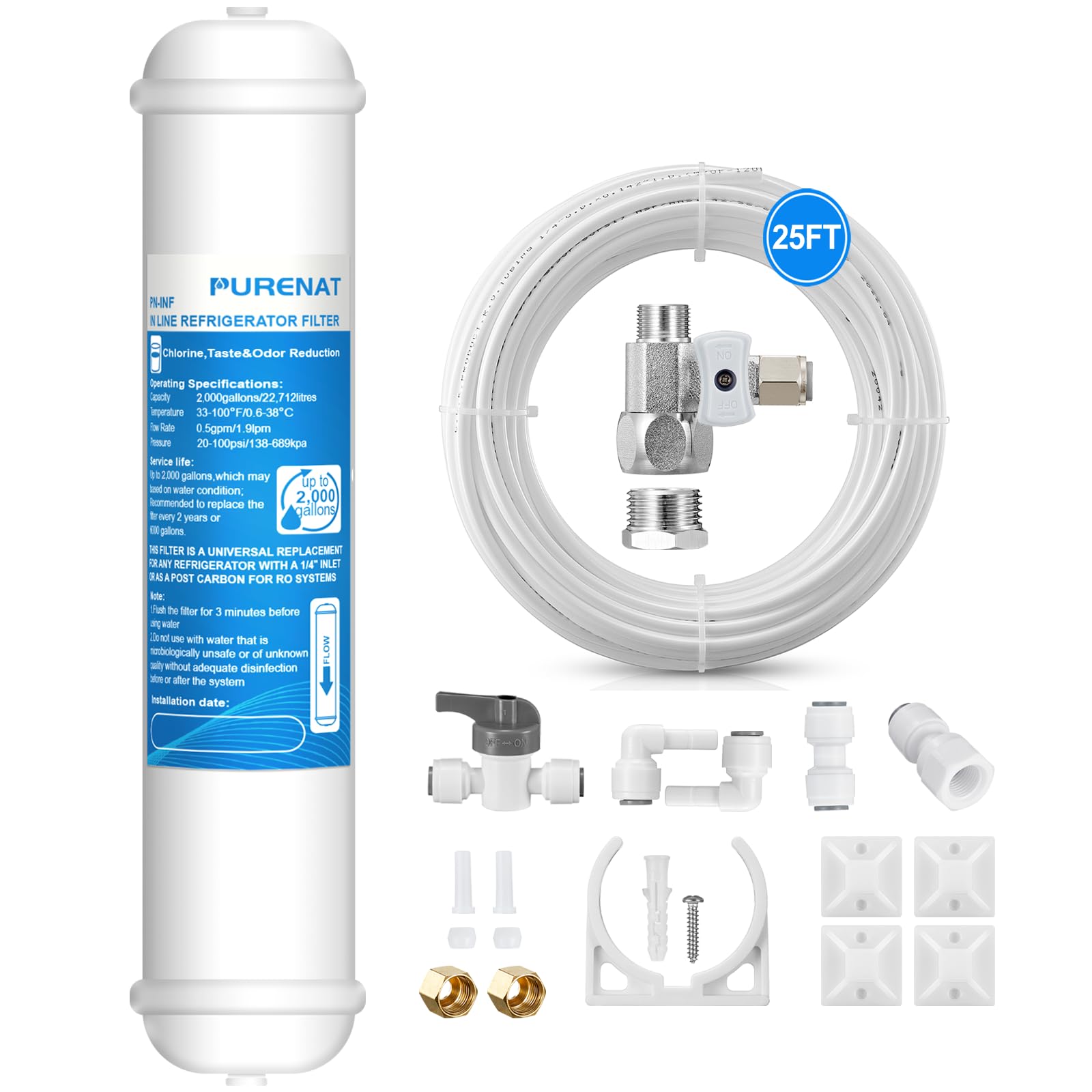 Inline Water Filter Kit for Refrigerator and Ice Maker,1/4" Quick Connect Post Carbon Filter Replacement for Reverse Osmosis System with Feed Water Valve,1/4" Water Line and Fittings