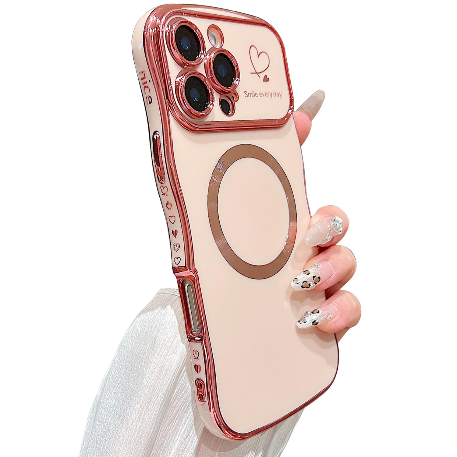 ZONRW for iPhone 16 Pro Max Case Magnetic,for Women Girls Soft Cute Wave Frame Curly Shape Love Heart Luxury Plating Phone Case Compatible with