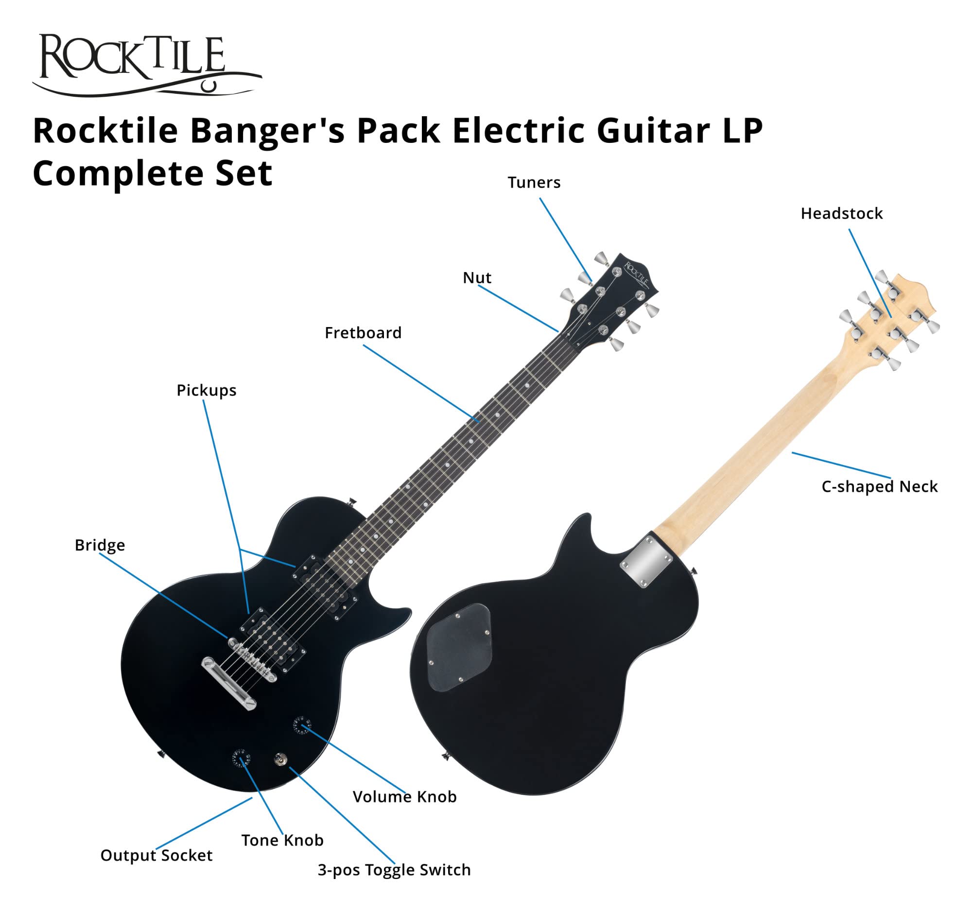 Rocktile Banger's Pack Set Complet Guitare Électrique Single Cut Noir (Ampli, Housse, Câble, Sangle, Médiators, Cordes de Rechange et Cours avec CD/DVD)
