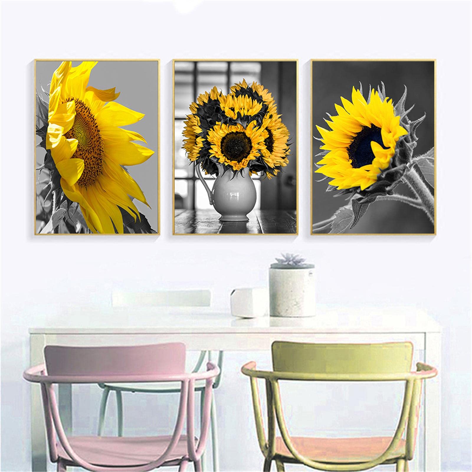 Carteles de arte de pared de girasol blanco y negro lienzo pintura de pared decorativa para sala de estar decoración del hogar imagen abstracta 40x60cmx3 sin marco