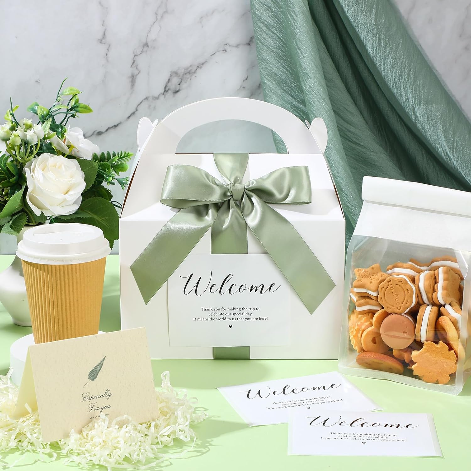 Maitys 24 Set Welcome Gable Boxes with Ribbon and Label 9x6x6'' Wedding Gift for Guests Large Paper Welcome Boxes for Wedding Bridal Baby Shower Party Favors (Sage Green)