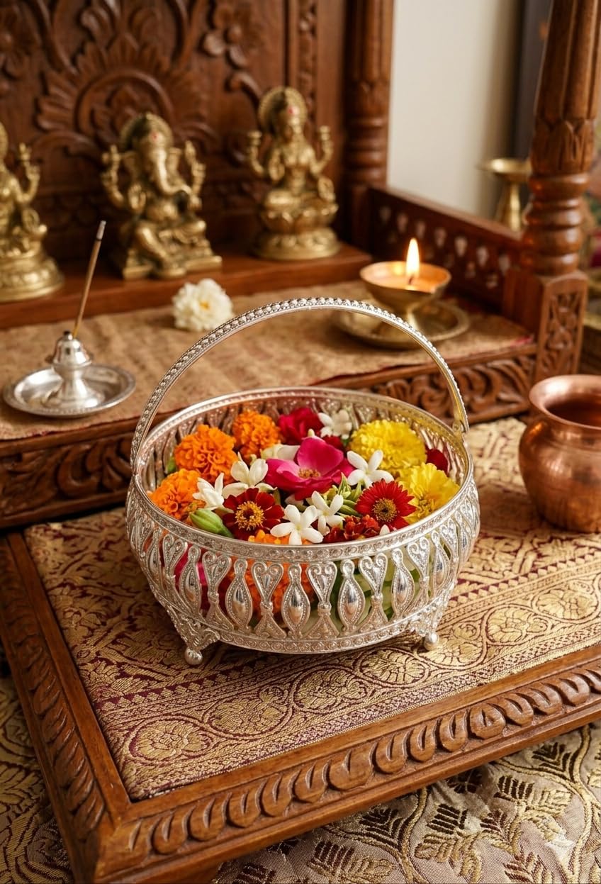 German Silver Flower Basket for Puja, Temple & Home Decoration with Handle (6 Inch)-image-17