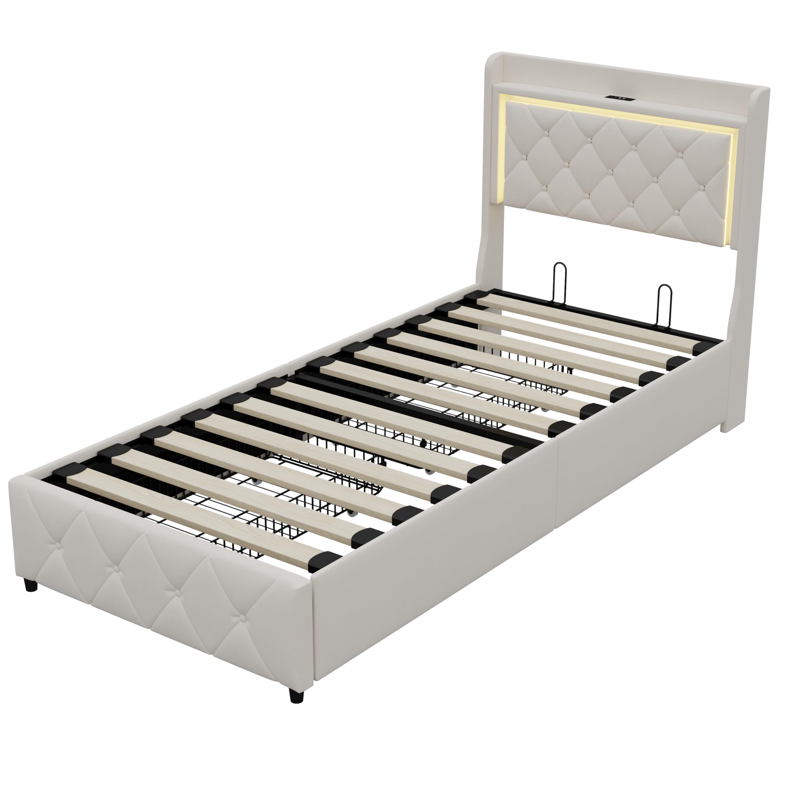 Letto imbottito 90 x 200 cm, letto imbottito con 2 cassetti,Letto LED con funzione di ricarica USB, schienale con spazio di archiviazione letto singolo con rete a doghe, letti per adolescenti (beige