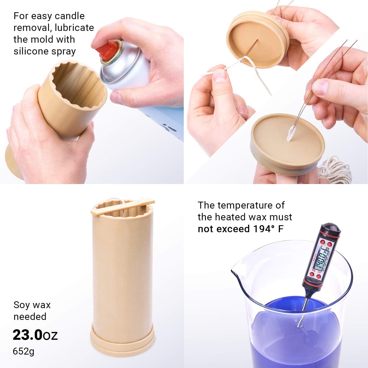 Сylinder Rib Mold - Height: 6.7 in, Width: 2.7 in - 30 ft. of Wick Included as a Gift - Plastic Candle Molds for Making Candles