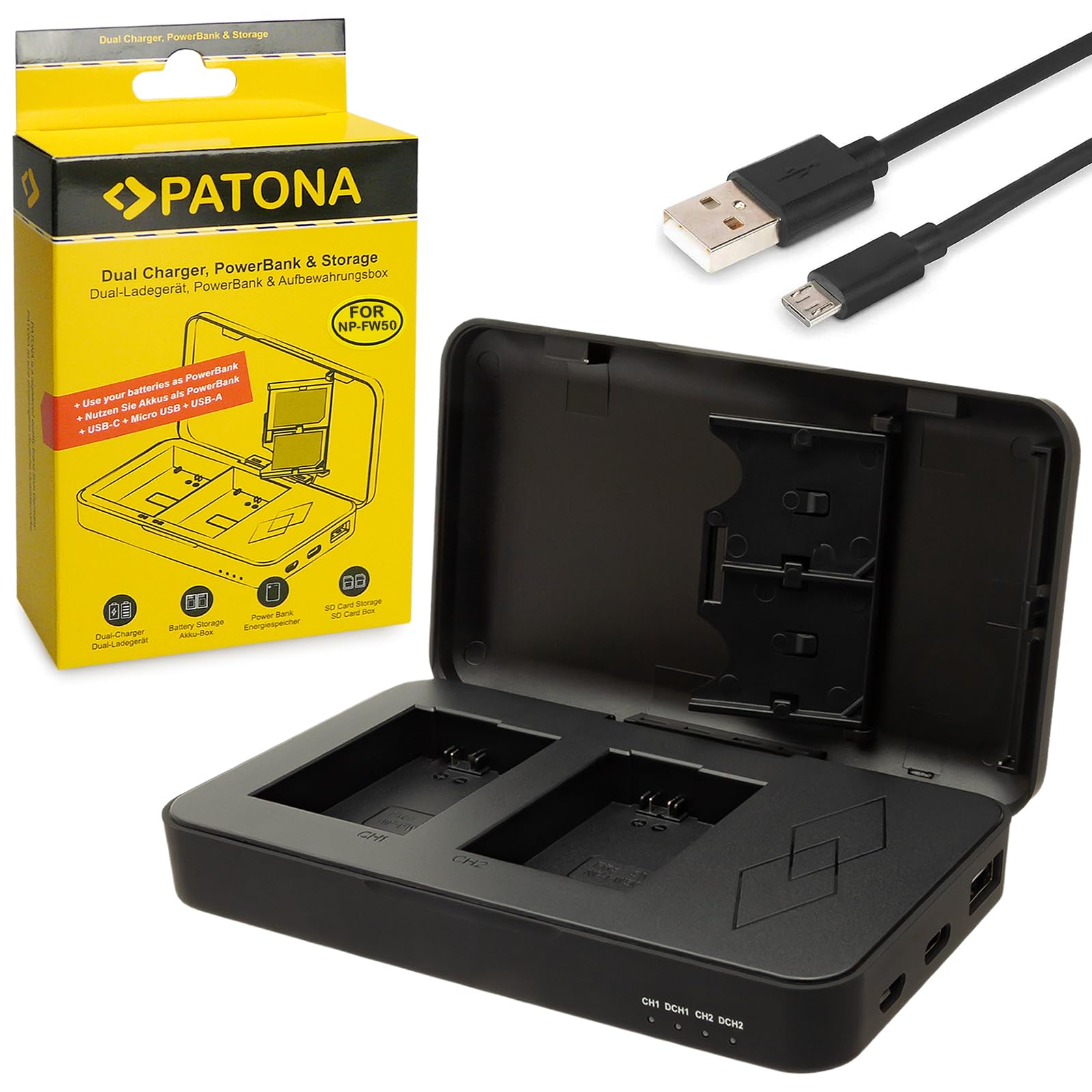 Patona Dual Charger With Powerbank Function And Memory Card Storage Compatible With Sony Np-Fw50 Batteries