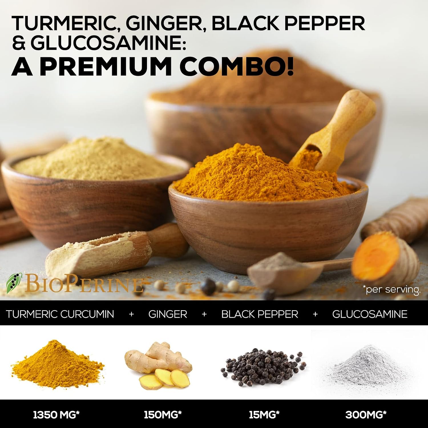 Turmeric Curcumin with BioPerine, Ginger & Glucosamine 95% Curcuminoids 2000mg - Black Pepper for Max Absorption, Natural Joint Support, Nature's Tumeric Extract Supplement, Non-GMO - 180 Capsules