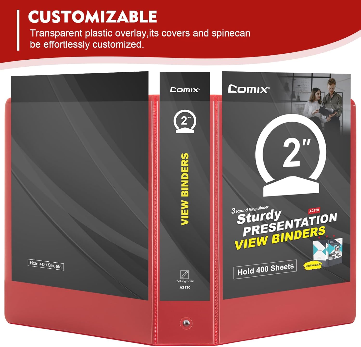 COMIX 3 Ring Binder 2 inch with Clear View Cover, 2" View Binder Holds 450 Sheets of US Letter Size Paper, 6 Pack (Red)