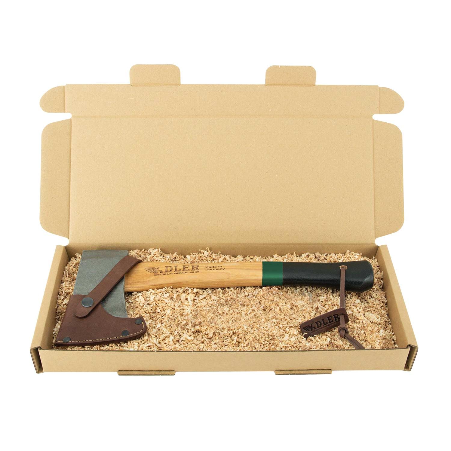 Adler Yankeeyxa avec Protection en Cuir : Hache en Bois forgé en Acier C60 avec poignée en Hickory de 38 cm, Surface extérieure antidérapante, pour Le Camping et la randonnée, Vert/Noir, 650 g