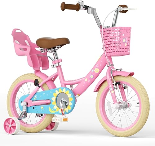 Miniatura 1 de Glaf Bicicleta para niñas de 3-5, 12, 14, 16 pulgadas, con ruedas de entrenamiento y asiento de muñeca de bebé, bicicleta para niños de 2 a 9 años,