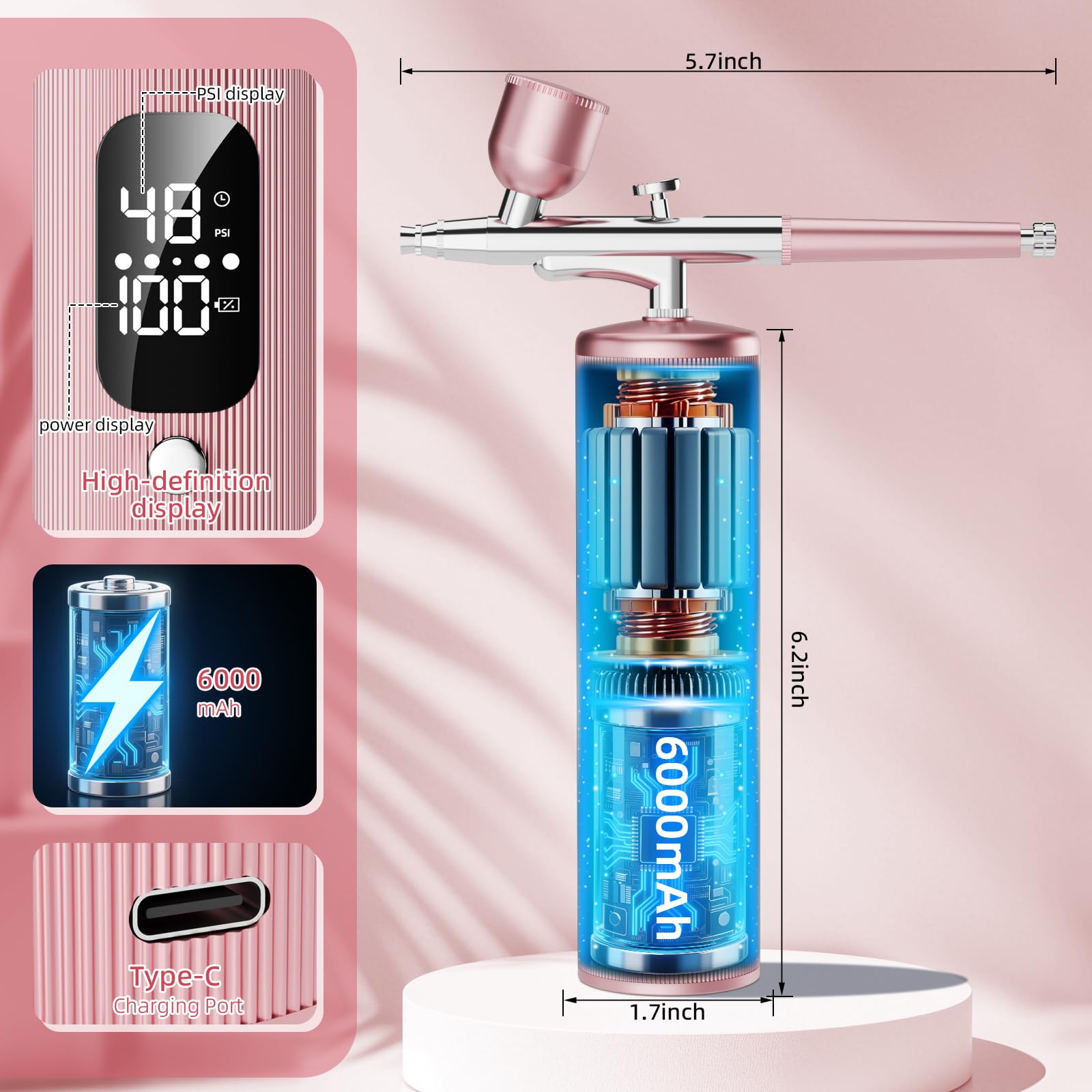Kit de aerógrafo con compresor, 48 PSI de alta presión, juego de cepillo de aire sin obstrucción, 6000 mAh en espera extralarga, ideal para pintura, modelado, decoración de pasteles, pastelería