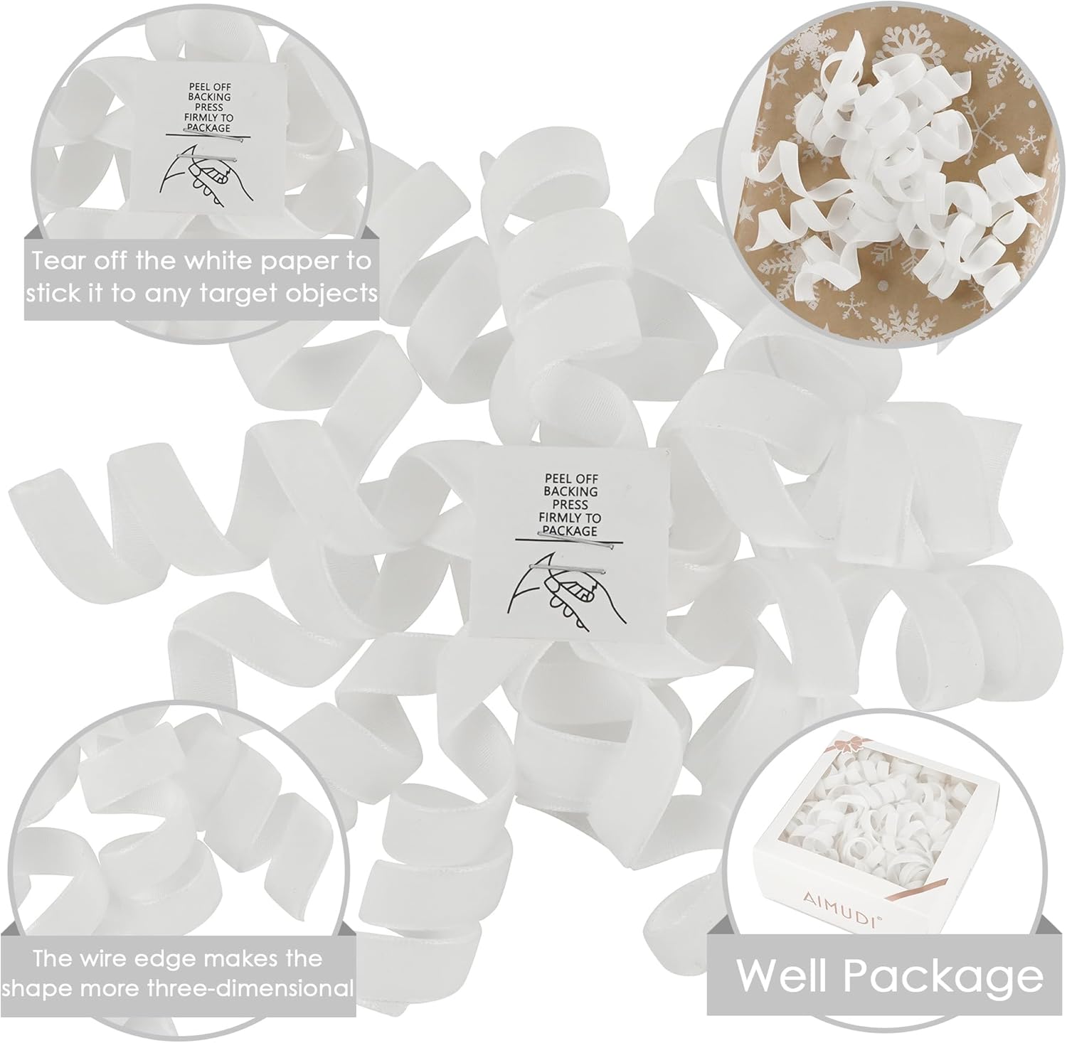 AIMUDI White Velvet Curly Bows for Gift Wrapping 6.5'' Christmas Gift Bows Self Adhesive Velvet Bows for Presents Christmas Gifts, Treat Bags, Wine Bottles Party Holiday Wedding Decorations - 6 Counts - Image 4