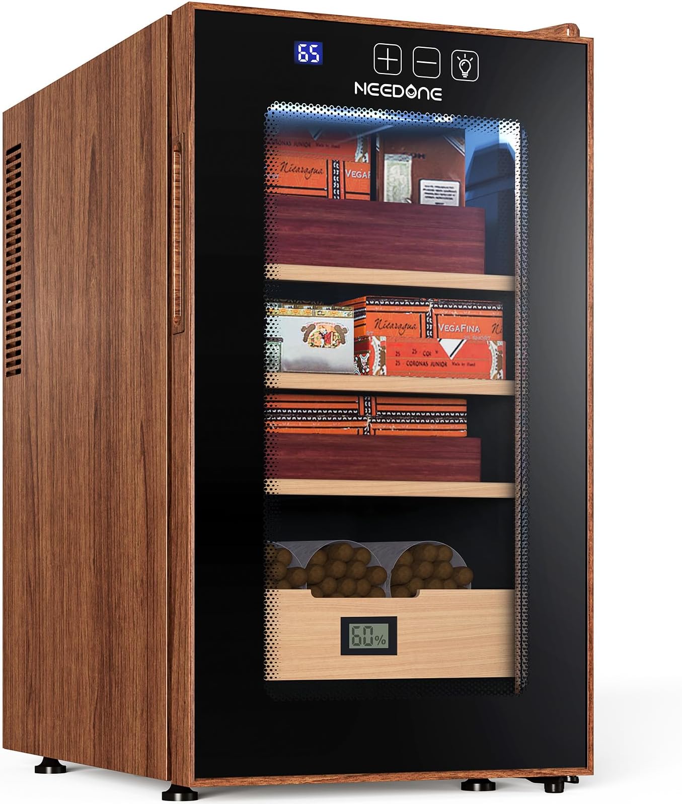 NEEDONEElectric Cigar Humidor 48L with Heating & Cooling Quiet Control, Thermostatic Cabinet for 350 Counts with Spanish Cedar Wood Shelves Drawer with Hygrometer, Gift for Men, Woodgrain