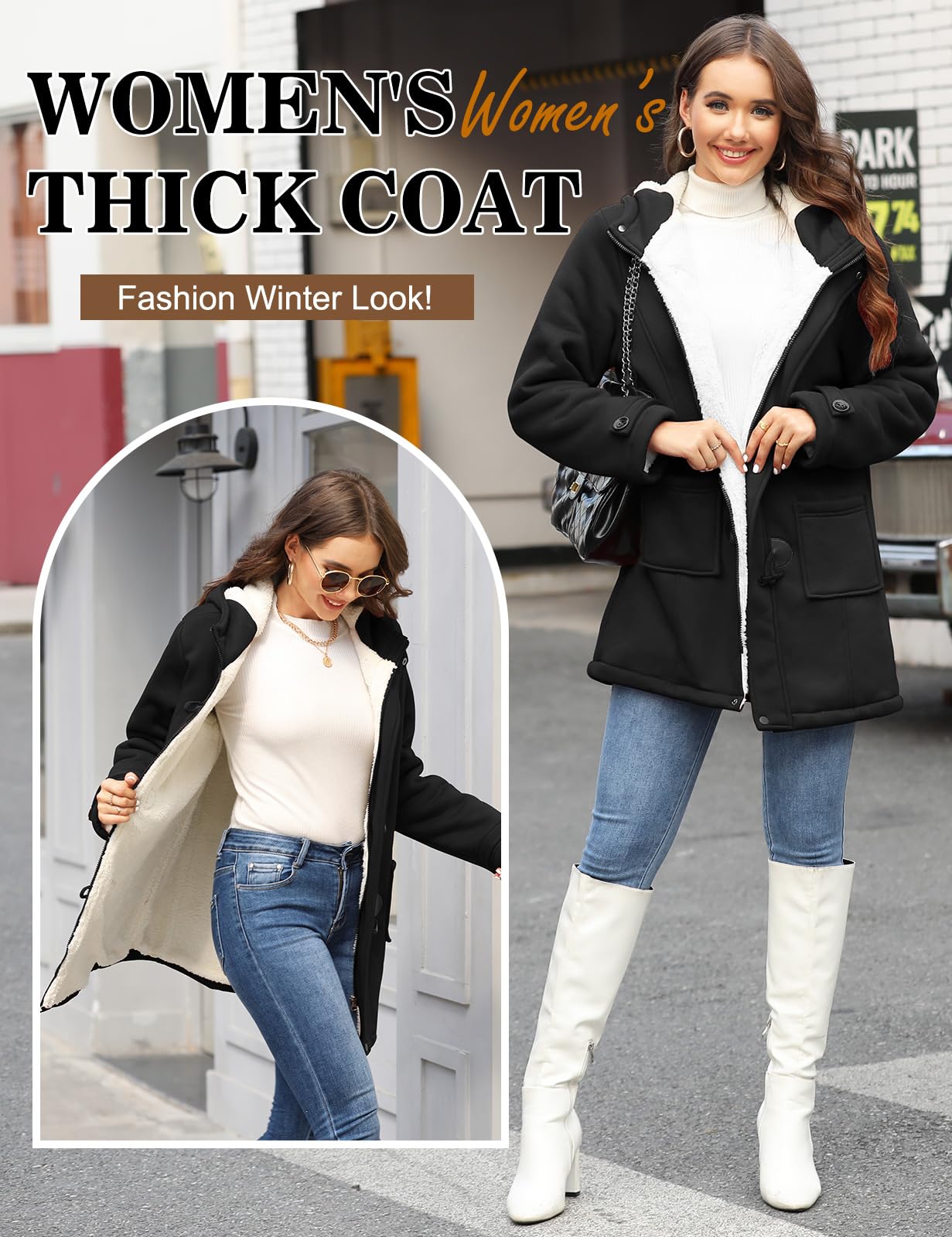 Nadeer Manteaux à Capuche Femmes Manteau Polaire Veste Blouson Jacket à Bouton Hiver Chaud Corne Zippé Sweat à capuche Épais Hoodie Coat Chic et Slim Sweatshirt Pull Hooded Outwear avec Poche