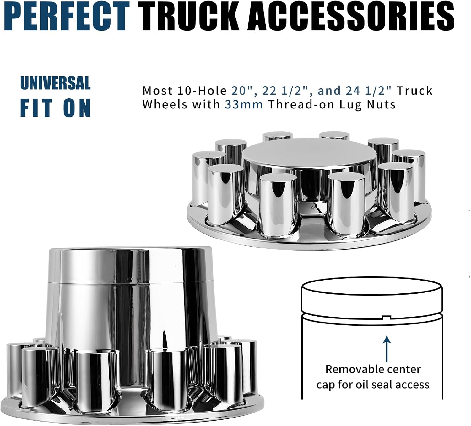 Cylinder Wheel Covers for Semi Trucks - 2 Front and 4 Rear Axle Hub Covers with 33mm Thread-On Chrome Lug Nut Covers for Semi Truck